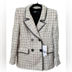 Zara, Textured Double-Breasted Blazer - White/Black. Size: M. NWT.